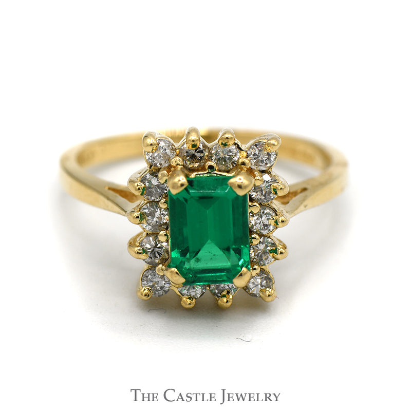 Emerald Cut Emerald Ring with RBC Diamond Halo in 14K Gold