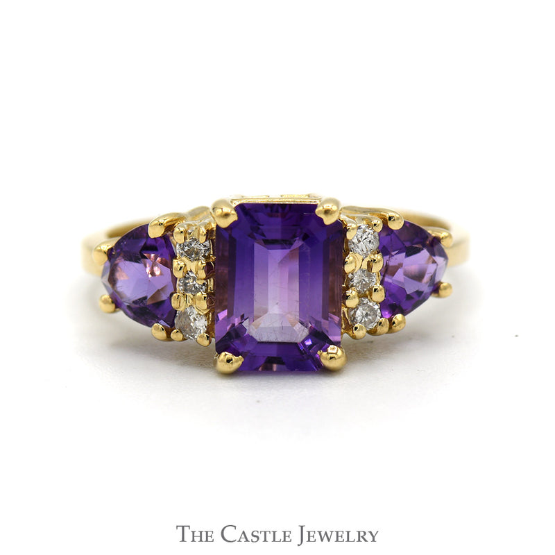 Emerald Cut Amethyst Ring with Trillion Cut Sides & Diamond Accents in 14k Yellow Gold