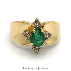 Pear Cut Emerald Ring in 14K Concave Mounting with Diamond Accents
