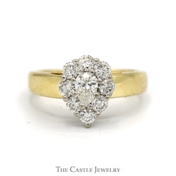 1cttw Pear Cut Diamond Ring with Diamond Halo in 14k Yellow Gold Cathedral Mounting