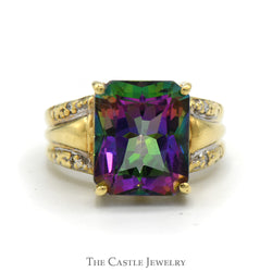 Emerald Cut Mystic Topaz Ring with Diamond Accented Sides in 10k Yellow Gold