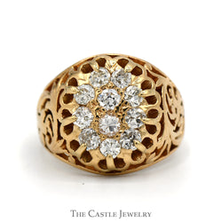 1cttw Oval Shaped 11 Diamond Kentucky Cluster Ring with Open Filigree Sides in 10k Yellow Gold