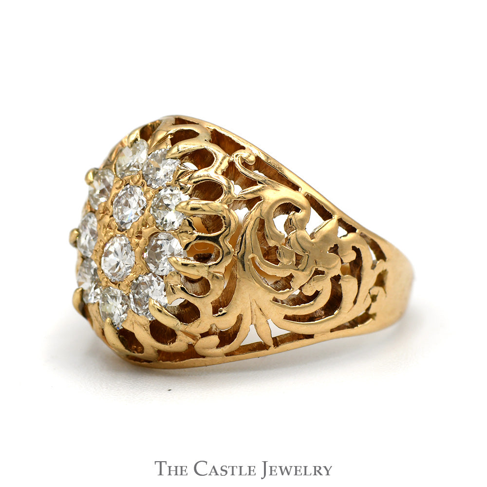 1cttw Oval Shaped 11 Diamond Kentucky Cluster Ring with Open Filigree Sides in 10k Yellow Gold