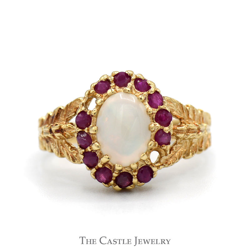Oval Opal Ring with Ruby Halo in Open Leaf Designed 10k Yellow Gold Setting