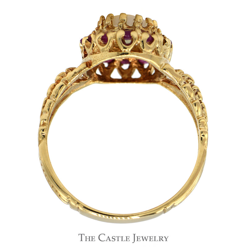 Oval Opal Ring with Ruby Halo in Open Leaf Designed 10k Yellow Gold Setting