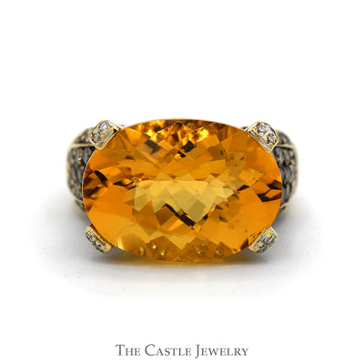 Le Vian 10ct Oval Citrine Ring with Chocolate Diamond Cluster Sides in 14k Yellow Gold