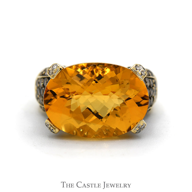 Le Vian 10ct Oval Citrine Ring with Chocolate Diamond Cluster Sides in 14k Yellow Gold