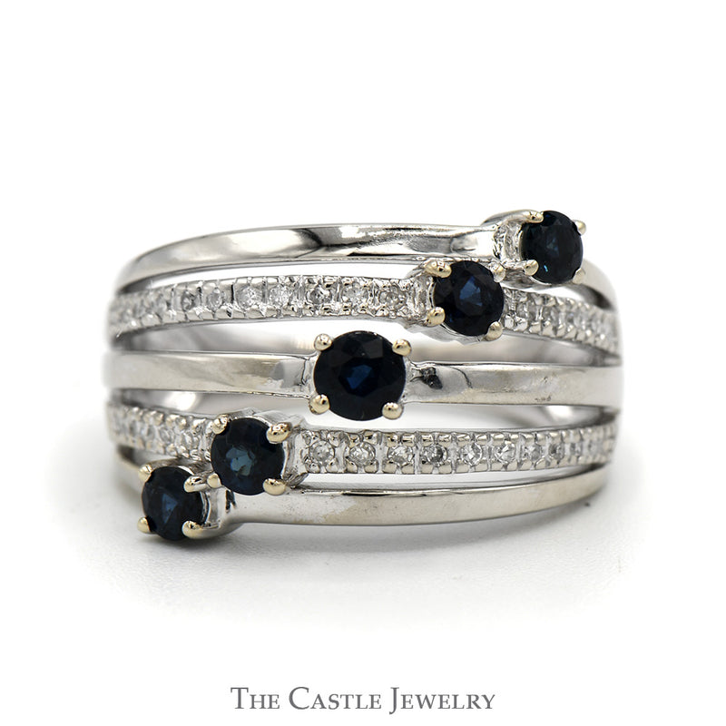 5 Round Sapphire Ring with Open Diamond Accented Rows in 14k White Gold