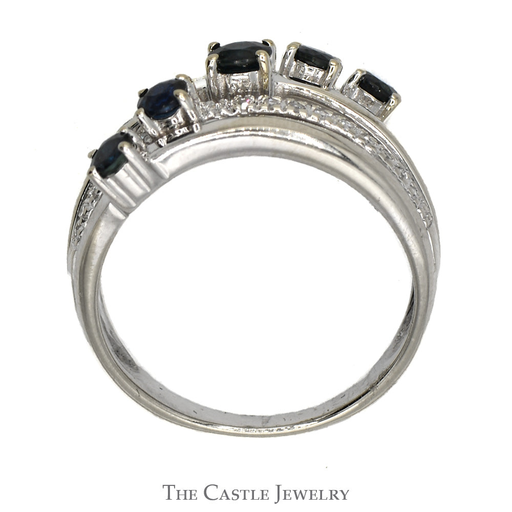 5 Round Sapphire Ring with Open Diamond Accented Rows in 14k White Gold