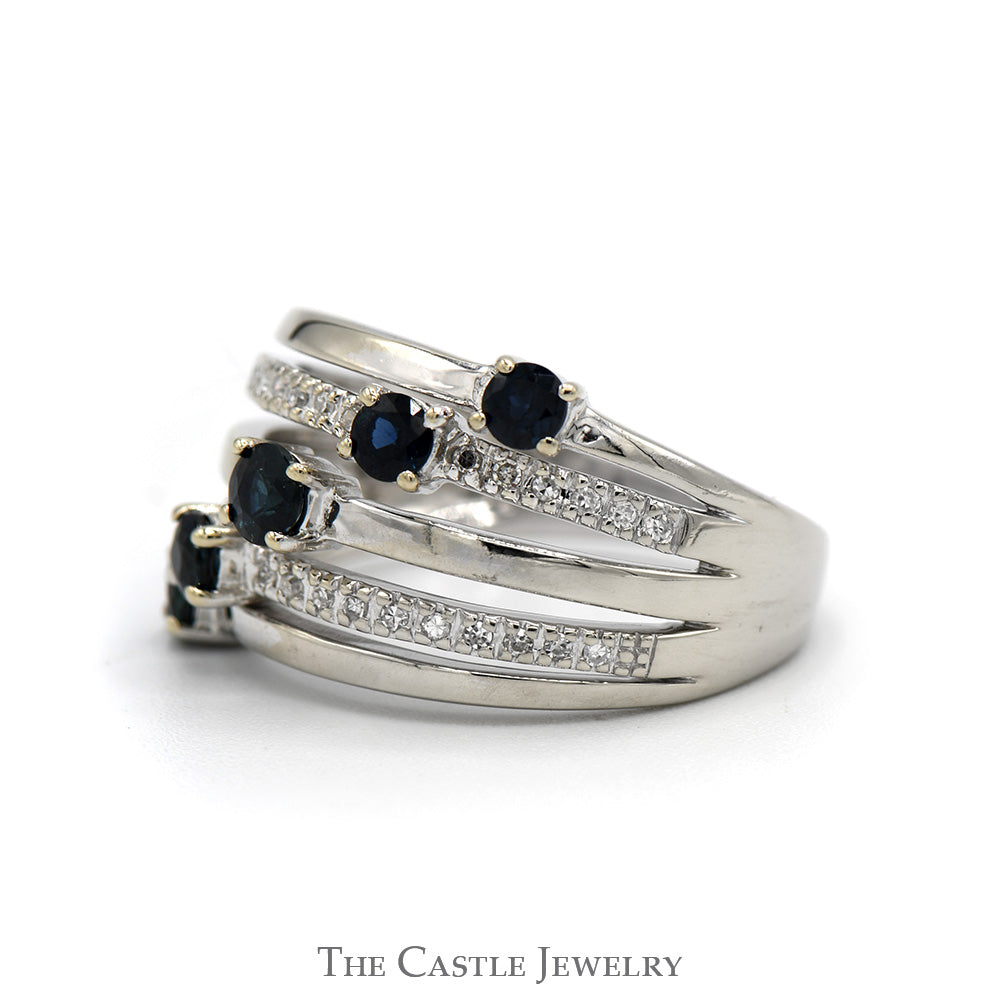 5 Round Sapphire Ring with Open Diamond Accented Rows in 14k White Gold