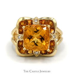 Cushion Cut Citrine With .02 CTTW Round Cut Diamonds and Round Citrines in Spit-Shank in 10 KT Yellow Gold