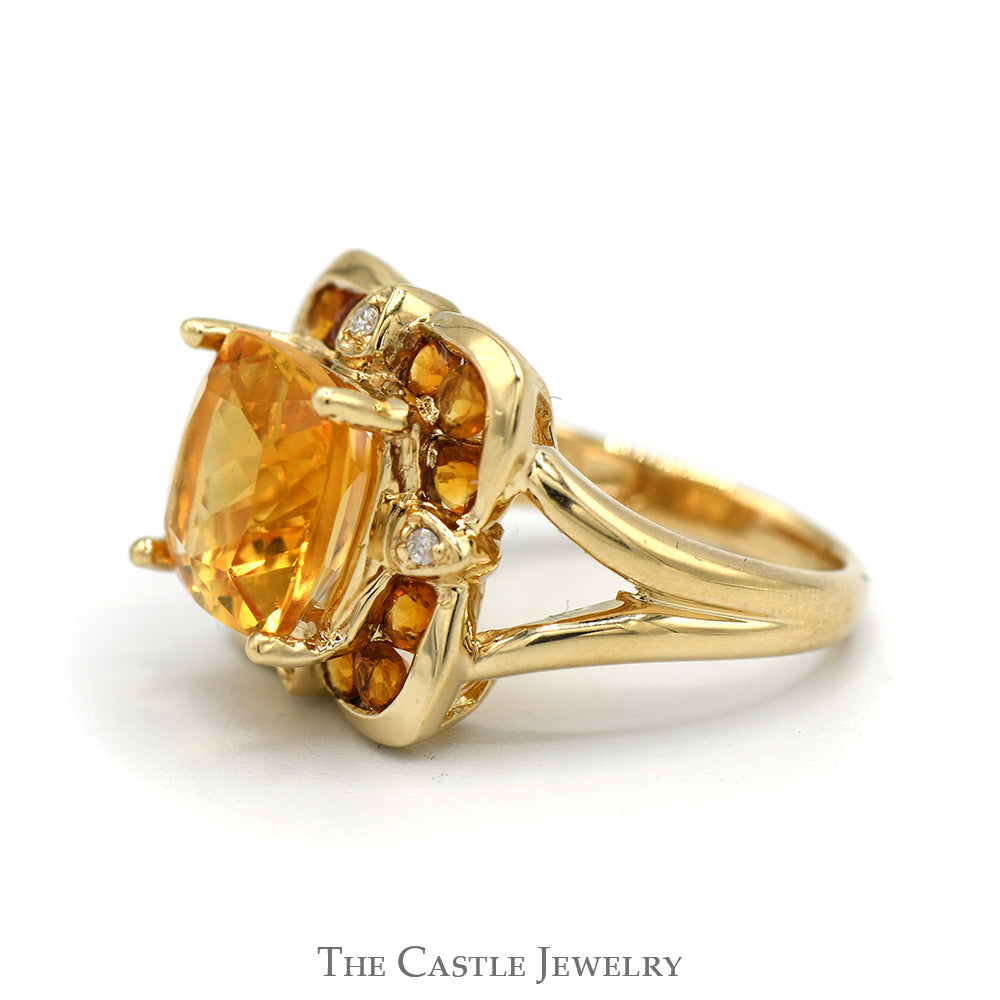 Cushion Cut Citrine With .02 CTTW Round Cut Diamonds and Round Citrines in Spit-Shank in 10 KT Yellow Gold