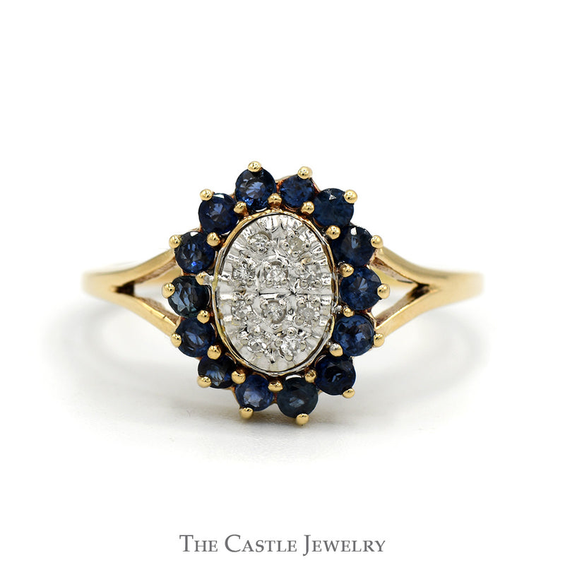 Sapphire and Diamond Cluster Ring With Round Sapphires and .05 CTTW Round Brilliant Cut Diamonds in Split-Shank 10 KT Yellow Gold