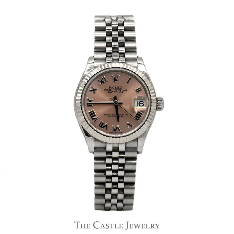 Rolex Datejust 278274 31mm with Pink Roman Numeral Dial and Fluted Bezel in 18k White Gold & Stainless Steel