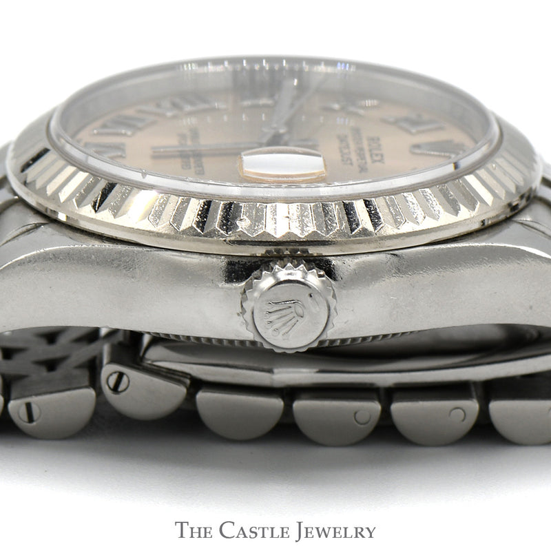 Rolex Datejust 278274 31mm with Pink Roman Numeral Dial and Fluted Bezel in 18k White Gold & Stainless Steel