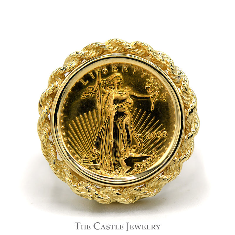 Liberty Coin Ring With Rope Bezel in 14 KT Yellow Gold