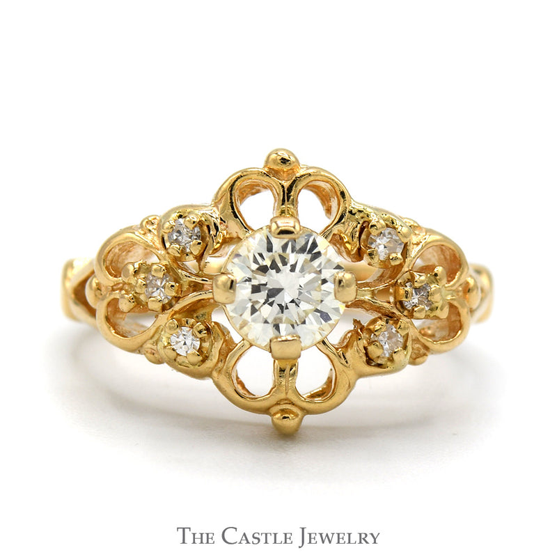 Antique Style Round Diamond Ring with Diamond Accented Open Floral Design in 14k Yellow Gold