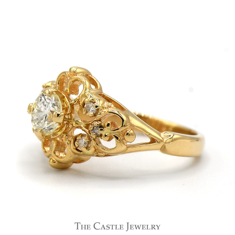 Antique Style Round Diamond Ring with Diamond Accented Open Floral Design in 14k Yellow Gold