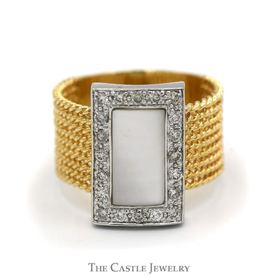 Rectangular Mother Of Pearl Ring with Diamond Halo and Rope Designed Sides in 14k Yellow Gold