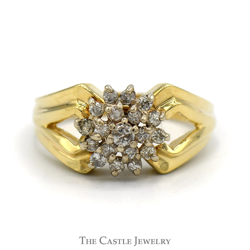 Snowflake Diamond Cluster Ring with Split Shank Sides in 14k Yellow Gold