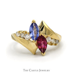 Marquise Cut Tanzanite & Rhodalite Garnet Ring with Diamond Accented Bypass Design in 14k Yellow Gold