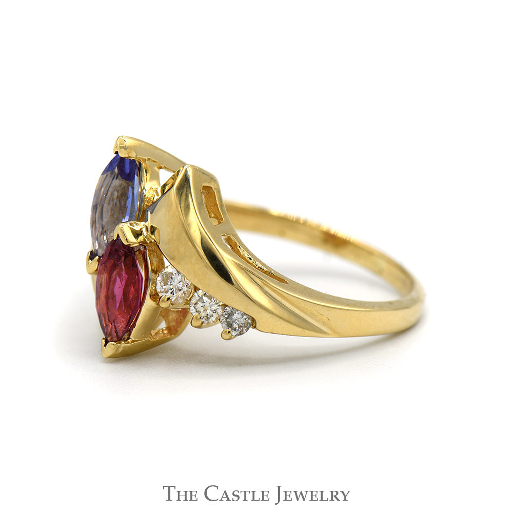 Marquise Cut Tanzanite & Rhodalite Garnet Ring with Diamond Accented Bypass Design in 14k Yellow Gold