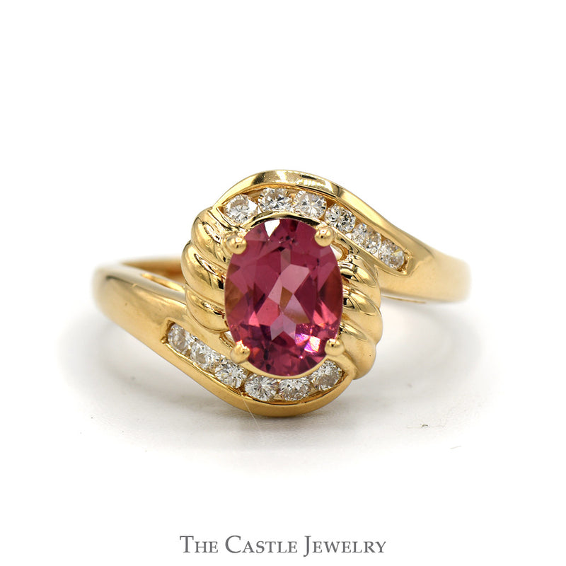 Oval Pink Tourmaline And Channel-Set Diamond Ring in Bypass Design 14 KT Yellow Gold