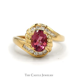 Oval Pink Tourmaline And Channel-Set Diamond Ring in Bypass Design 14 KT Yellow Gold