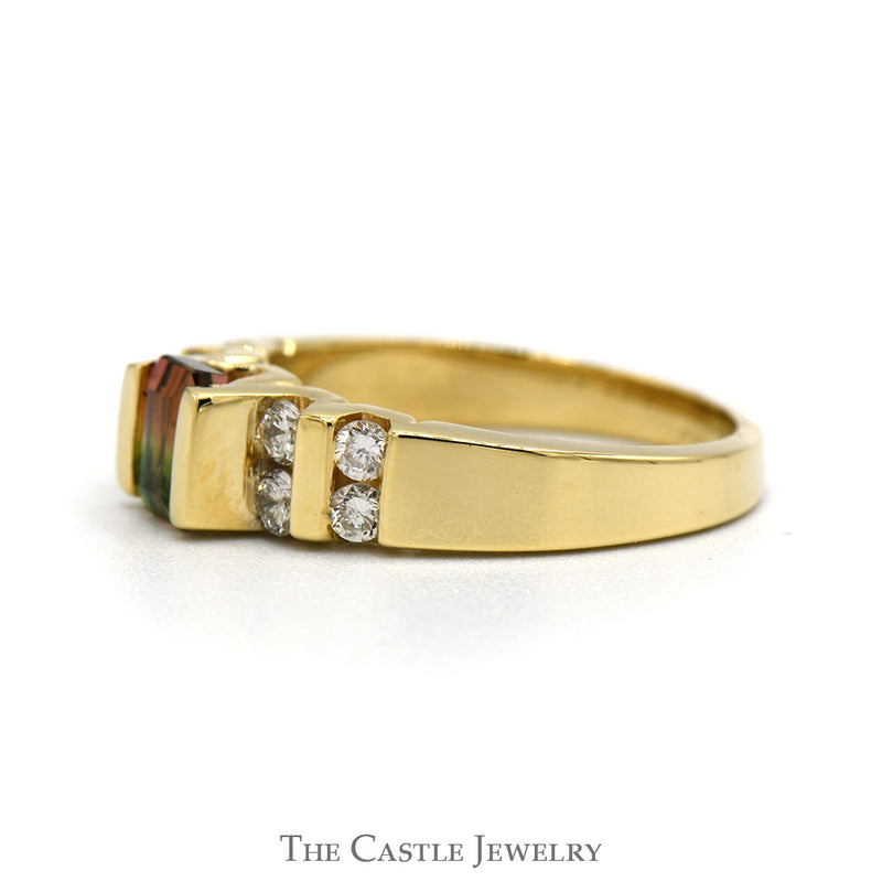 Emerald Cut Watermelon Tourmaline Ring With Channel-Set Diamonds .38 CTTW In 14KT Yellow Gold