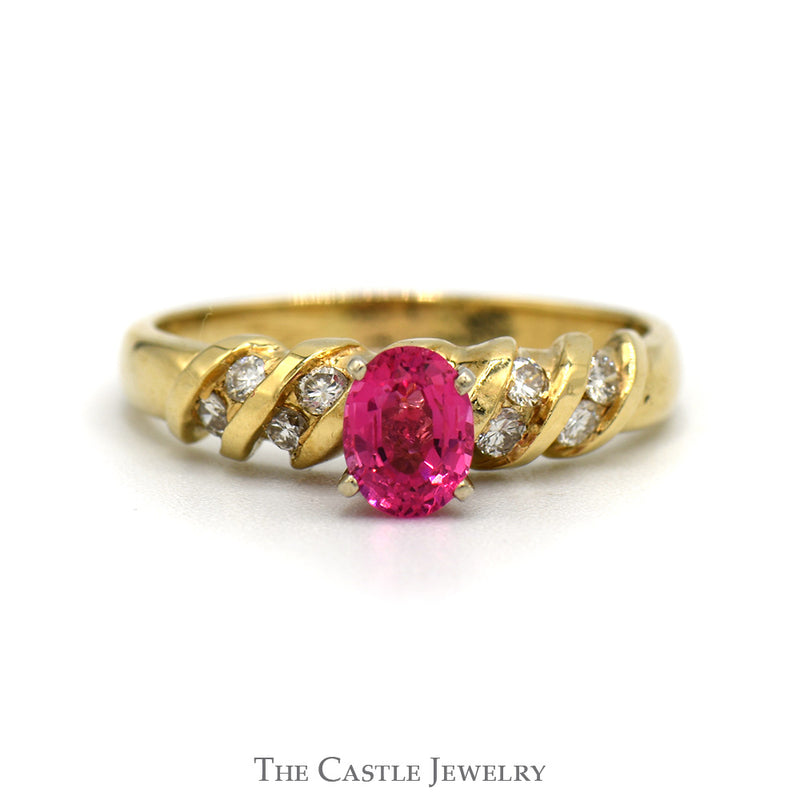 Oval Pink Topaz And Diamond Ring With .25 CTTW Channel-Set Diamonds In 14KT Yellow Gold