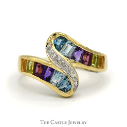 Baguette Cut Multi Gem Channel Set Bypass Ring with Diamond Accents in 14k Yellow Gold