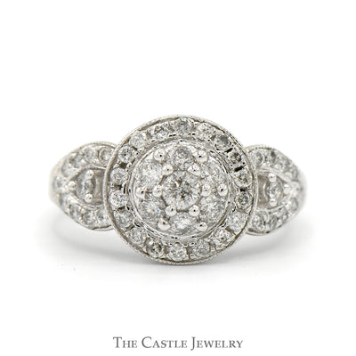 1cttw Round Diamond Cluster Ring with Diamond Bezel and Accented Split Shank Sides in 10k White Gold