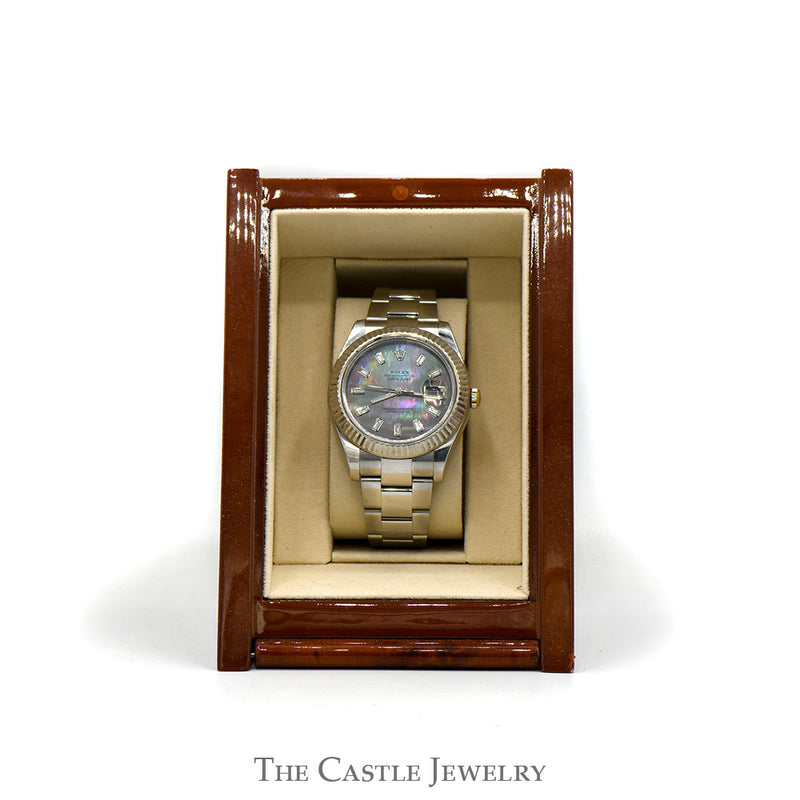 Rolex Datejust 116300 with Black Mother of Pearl Dial and Baguette Diamond Hour Markers in Stainless Steel Oyster Band