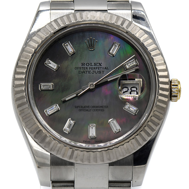 Rolex Datejust 116300 with Black Mother of Pearl Dial and Baguette Diamond Hour Markers in Stainless Steel Oyster Band