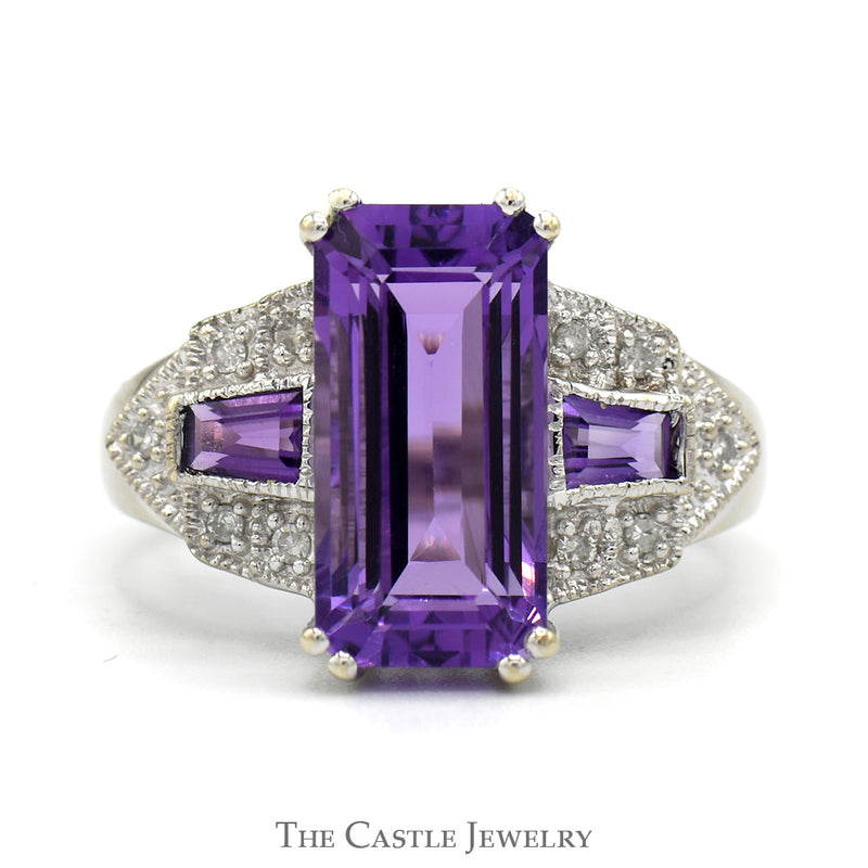 Emerald Cut Amethyst Ring with Baguette Amethyst Sides and Diamond Accents in 14k White Gold
