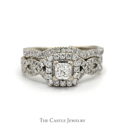 1.65cttw Princess Cut Diamond Neil Lane Designer Bridal Set with Diamond Halo And Diamond Accented Twisted Sides and Matching Diamond Band in 14k White Gold
