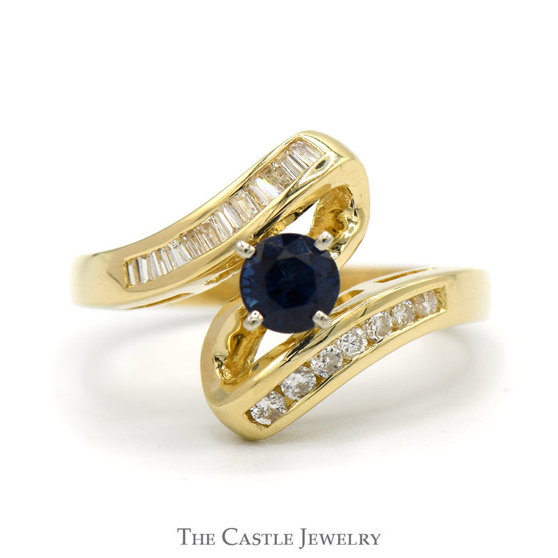 Round Sapphire Ring with Channel Set Diamond Accents in 14k Yellow Gold Bypass Mounting