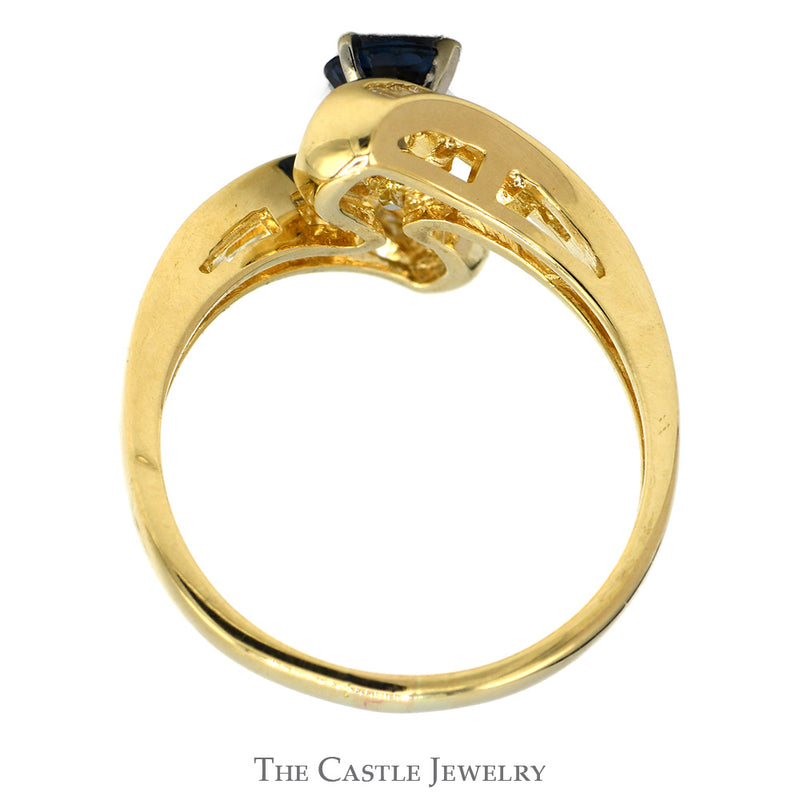 Round Sapphire Ring with Channel Set Diamond Accents in 14k Yellow Gold Bypass Mounting