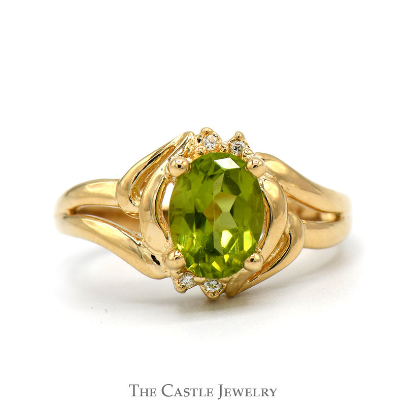 Oval Peridot Ring with Diamond Accents in 14k Yellow Gold Open Split Shank Design