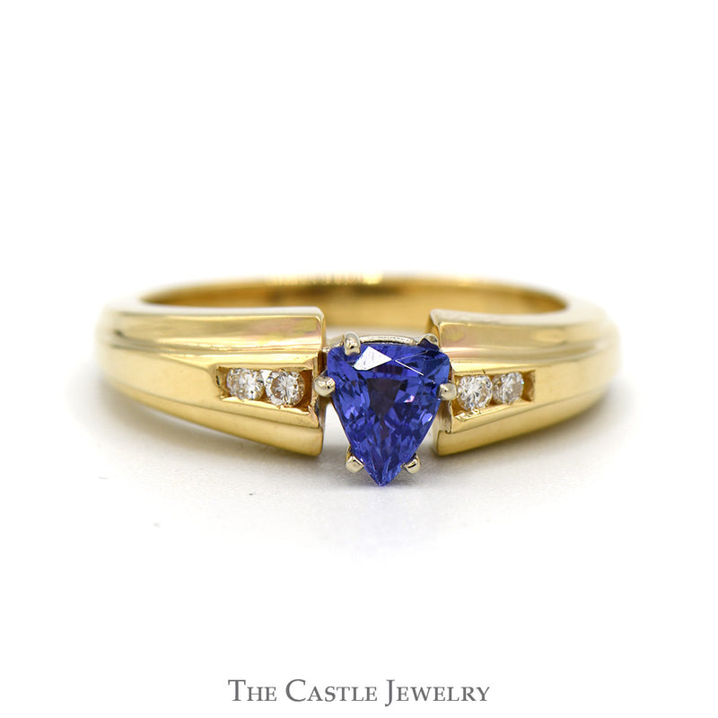 Trillion Cut Tanzanite Ring with Channel Set Diamond Accents in 14k Yellow Gold