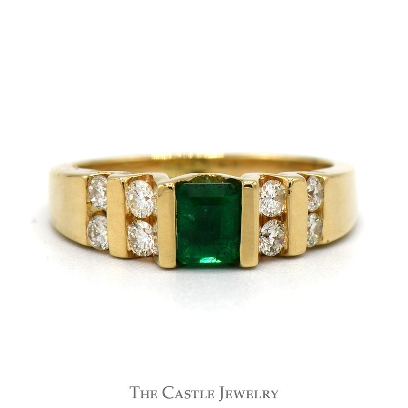 Emerald Cut Emerald Solitaire with Channel Set Diamond Accents in 14k Yellow Gold