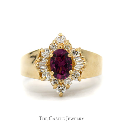 Oval Cut Rhodalite Garnet Ring with Baguette and Round Diamond Halo in 14k Yellow Gold