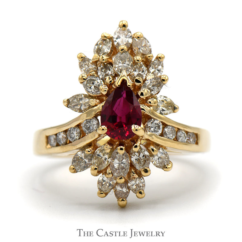 Pear Cut Ruby Ring with 2cttw Diamond Cluster and Accents in 14k Yellow Gold