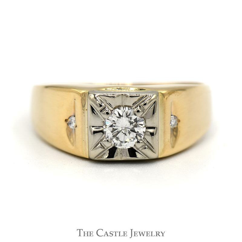 Men's 1/2cttw Round Diamond Solitaire with Diamond Accented Sides in 10k Yellow Gold