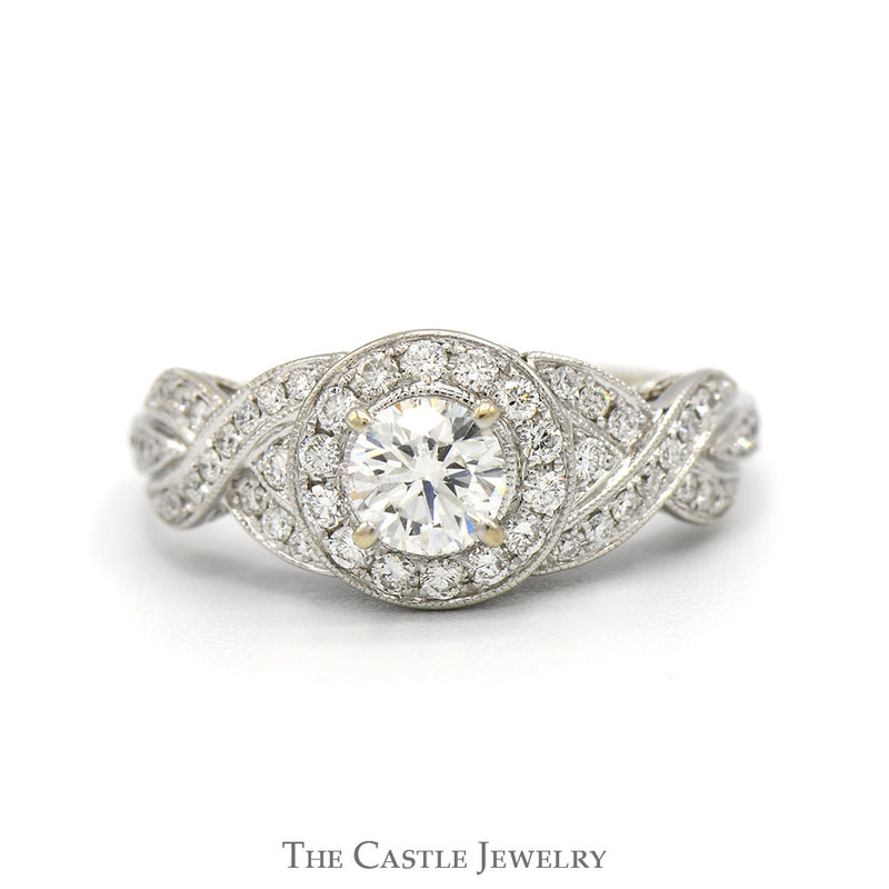 1cttw Round Diamond Neil Lane Designer Engagement Ring with Diamond Halo and Accented Twisted Sides in 14k White Gold