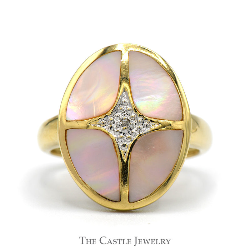 Oval Shaped Pink Mother of Pearl Ring with Diamond Accent in 14k Yellow Gold