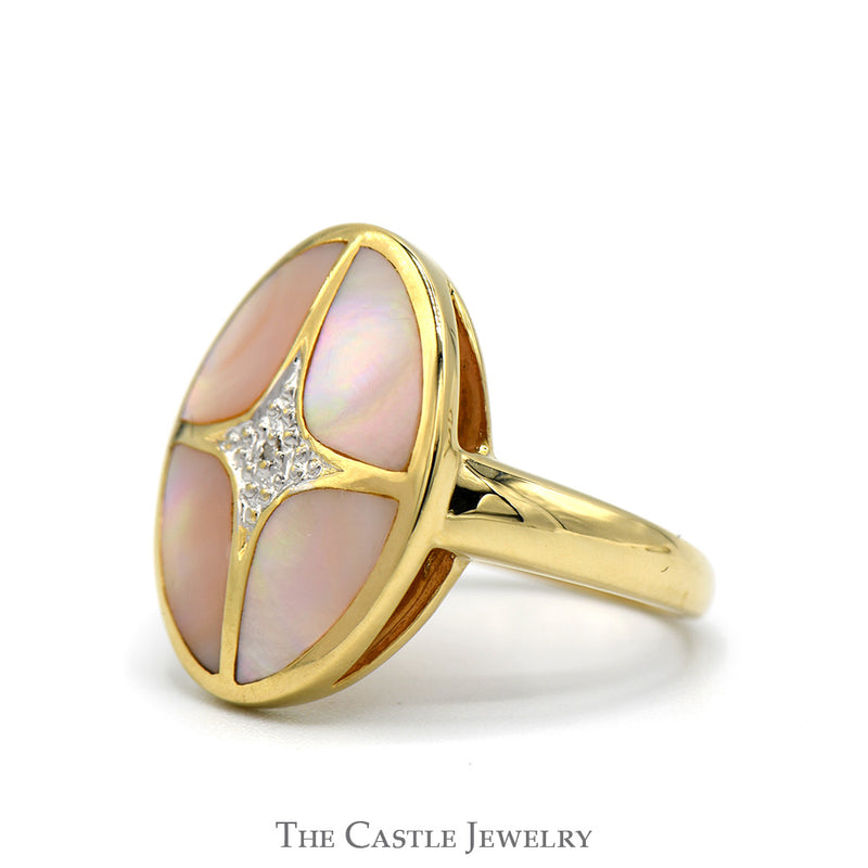 Oval Shaped Pink Mother of Pearl Ring with Diamond Accent in 14k Yellow Gold
