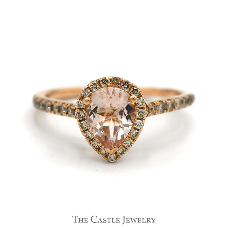 Pear Cut Morganite Le Vian Designer Ring with Diamond Halo and Accented Sides in 14k Rose Gold