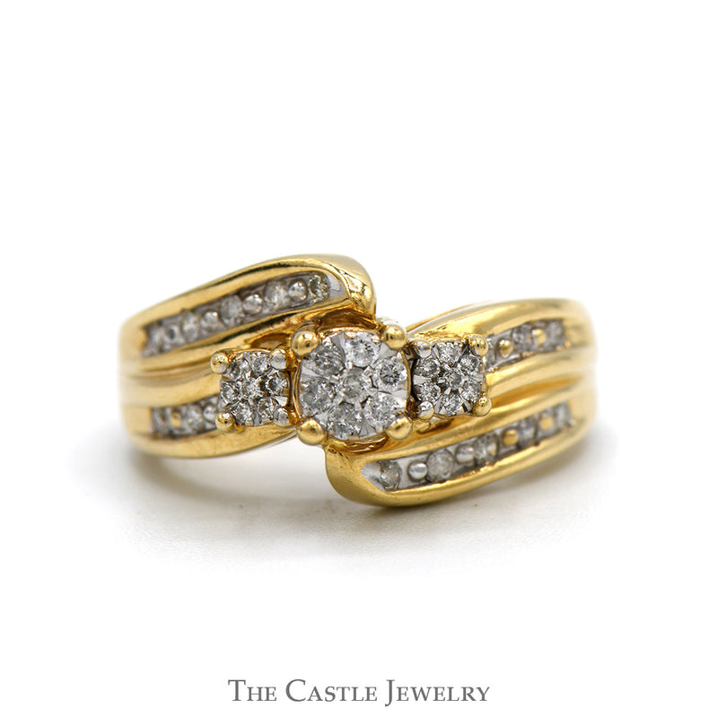 1/3cttw Triple Diamond Cluster Ring with Accented sides in 10k Yellow Gold