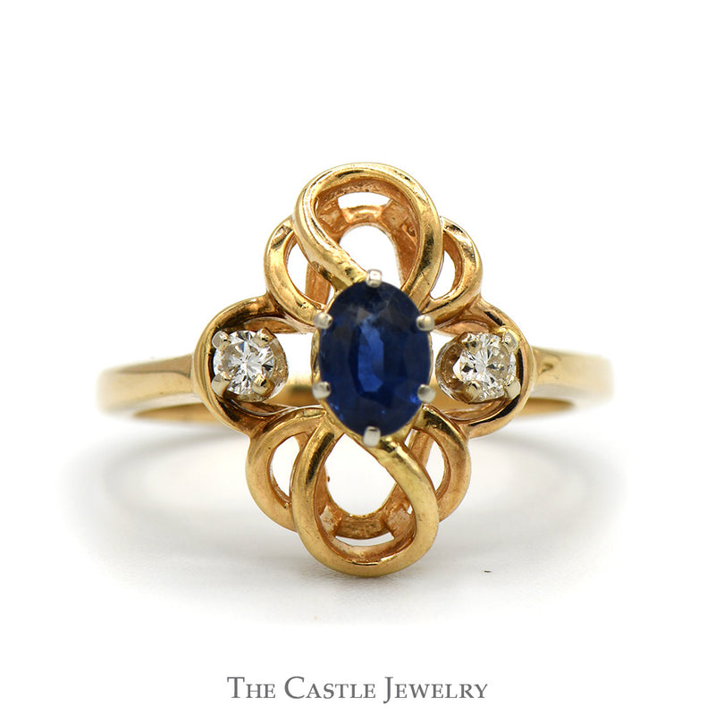 Oval Sapphire Ring with Diamond Accents in Interweaving Looped Design in 14k Yellow Gold
